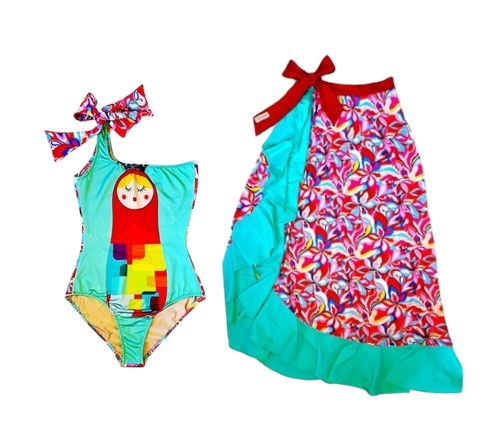 Conjunto Onepiece  Tifanny Moño Matrioska y Pareo Olan Largo Mujer